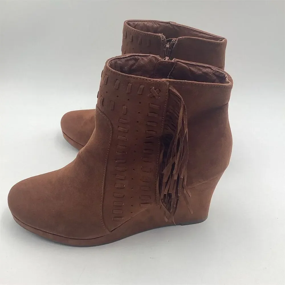 Women's Brown Suede‎ Fringe Wedge Booties Size 11